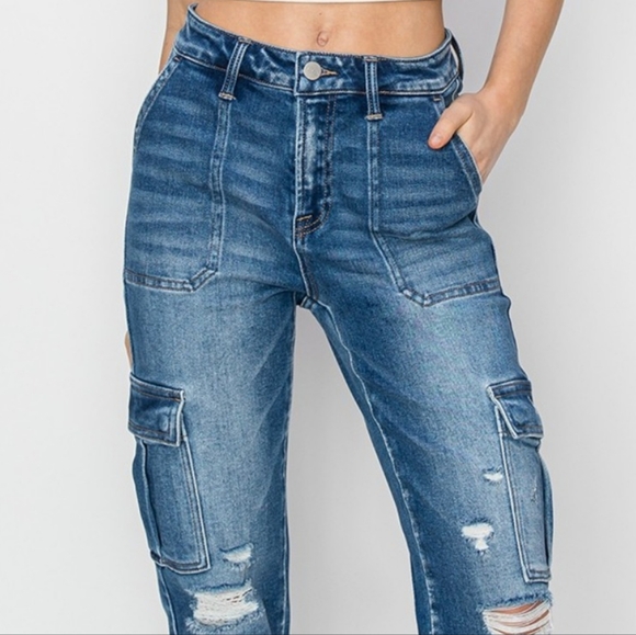 RISEN Retro 90 Cargo High-Rise Distressed Rolled Ankle Denim Jeans Utility Pants - Picture 4 of 15